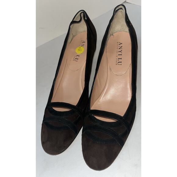 Anyi Lu Handmade In Italy Color Block Brown Black Suede Pump Heels Sz 39 US 9 - Picture 1 of 8